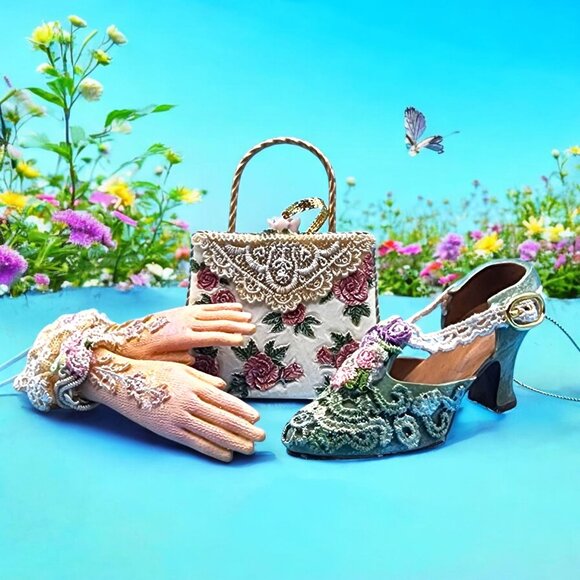 Victorian Style Lace Shoe Glove & Purse Ornament Set With Floral Accents & Rose - Picture 1 of 7